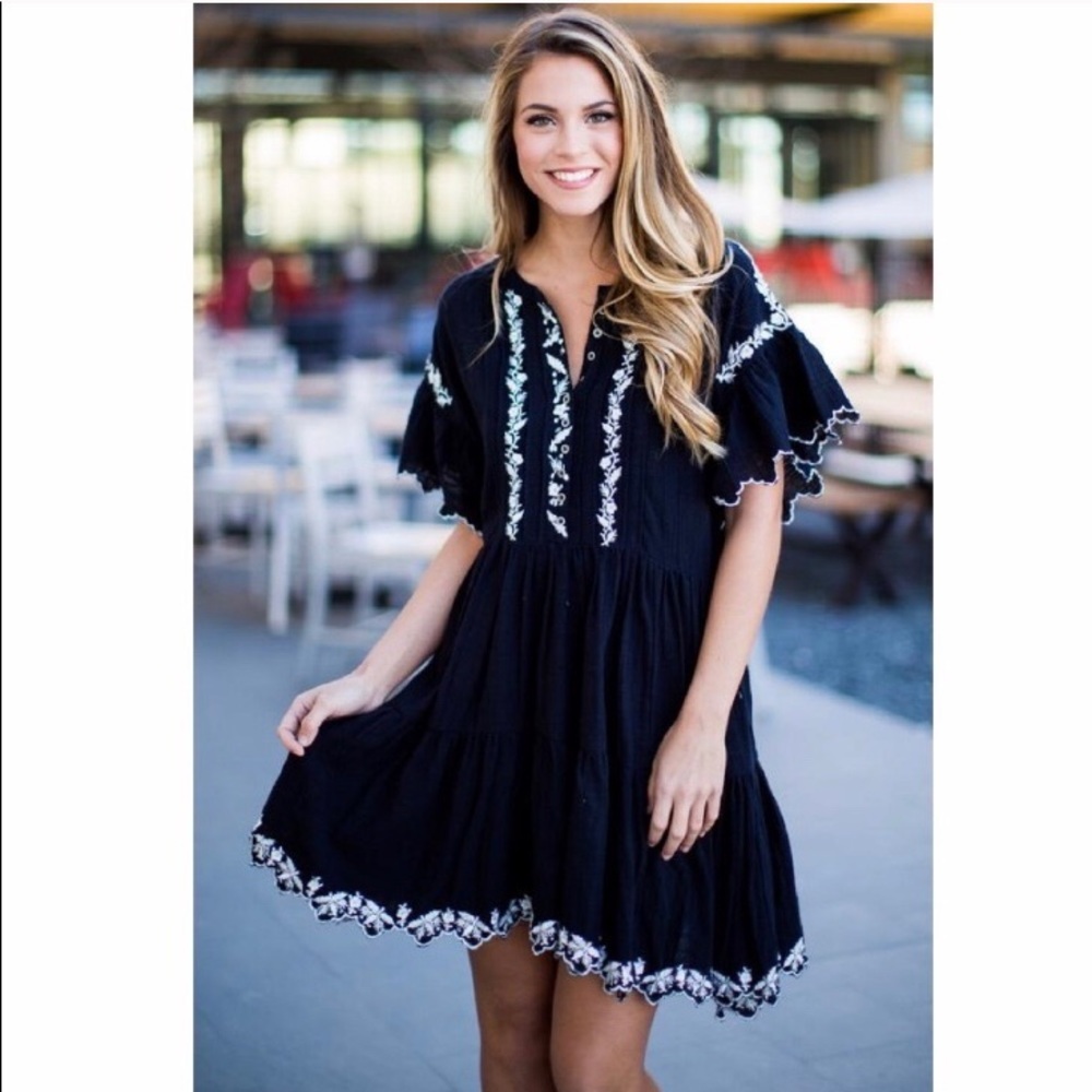 Free People Black Mini Dress with White Embroidered Trim - Picture 2 of 8